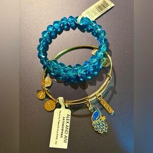 Alex and Ani Blue Crystal Wrap Bracelet with Gold Peacock Charm Bangle NWT